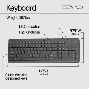 HP 150 Keyboard - Cable Connectivity - USB Type A Interface