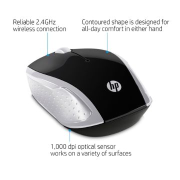 HP 200 Mouse - Radio Frequency - USB - Optical - 3 Button(s) - Pike Silver